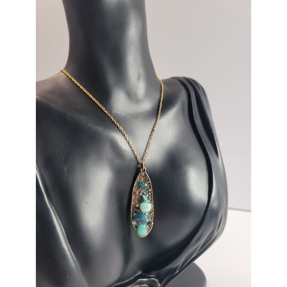 Gold Tone Blue Green Oval Necklace Glitter Statement Jewelry